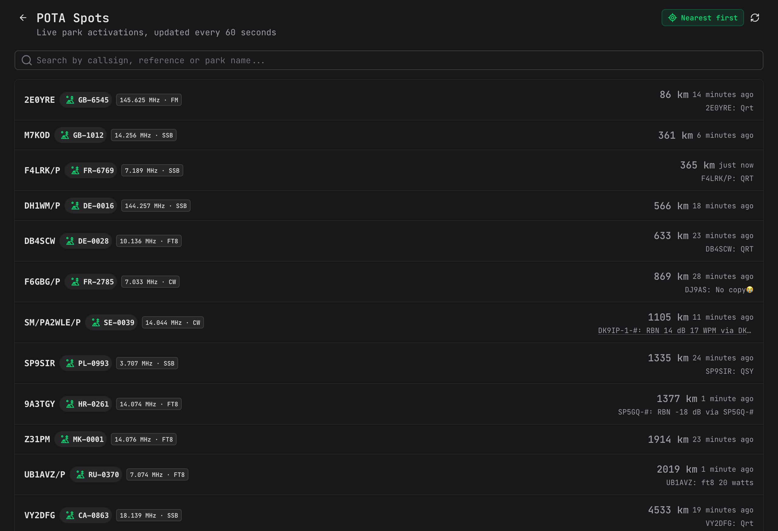 Live POTA spots in Fieldbook, with search and locate