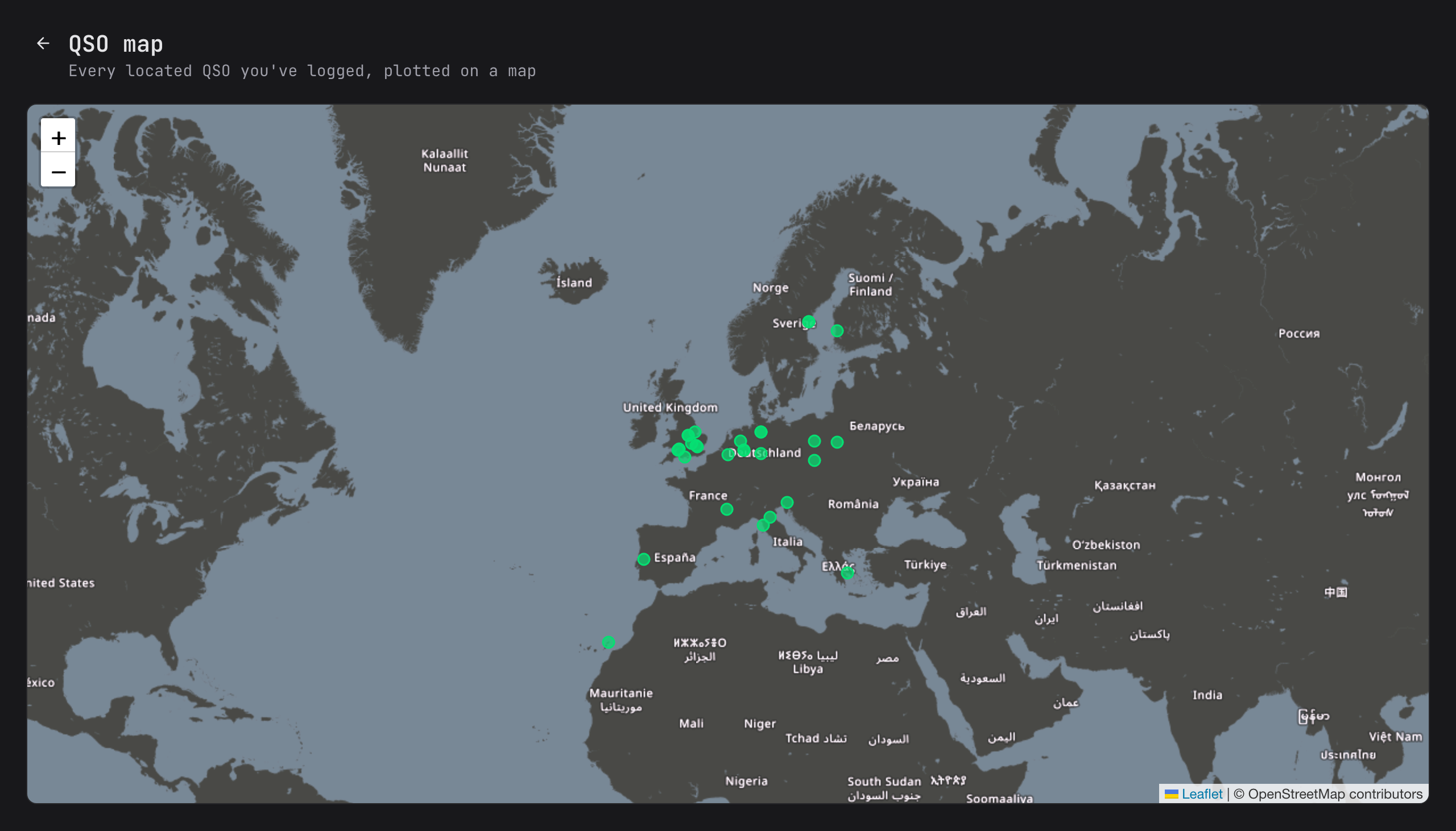 Map of worked stations plotted from a Fieldbook logbook